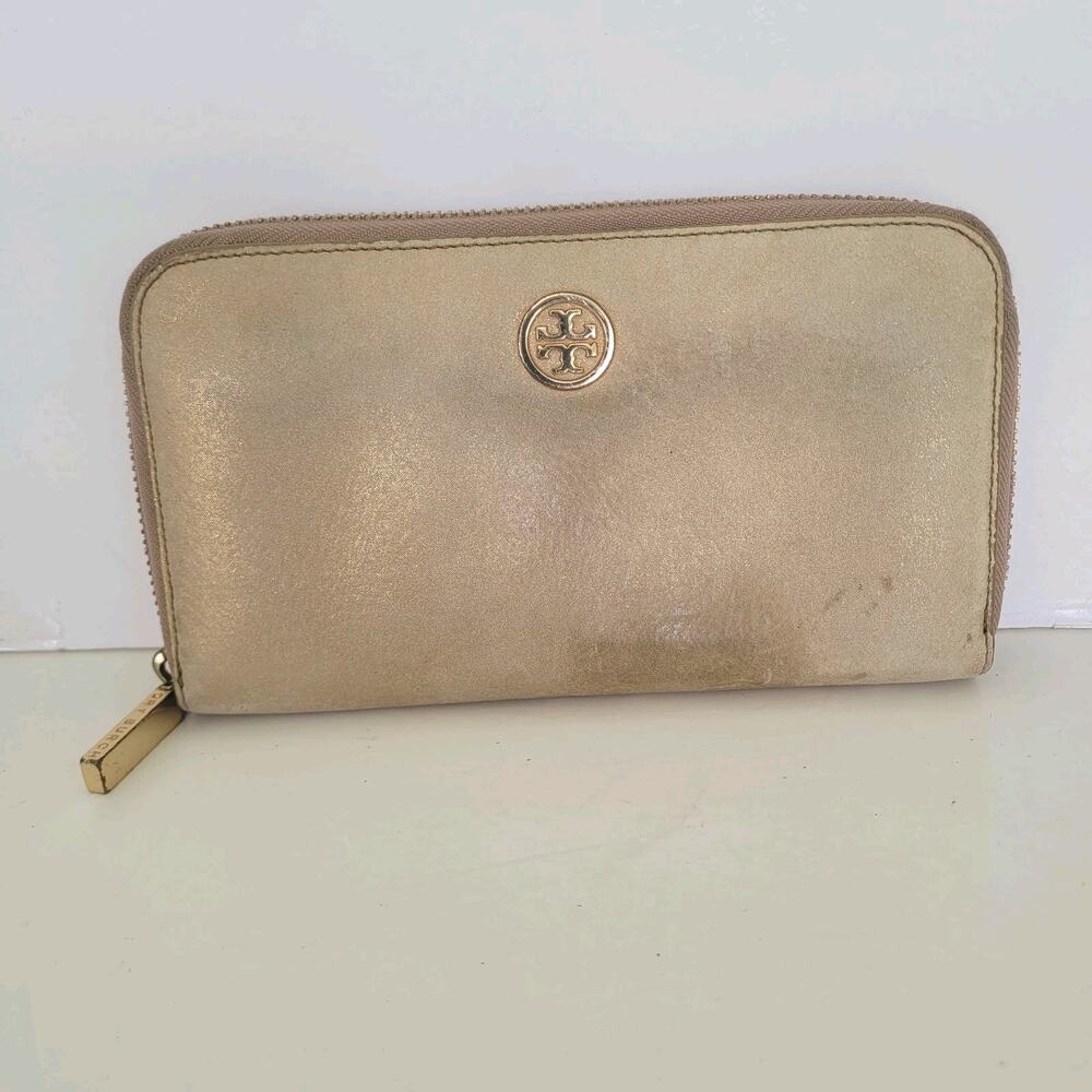 Tory Burch Solid Beige Suede Leather Zip Around Large Wallet Long Clutch Logo